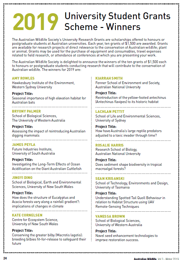 University Student Grants - Australian Wildlife Society