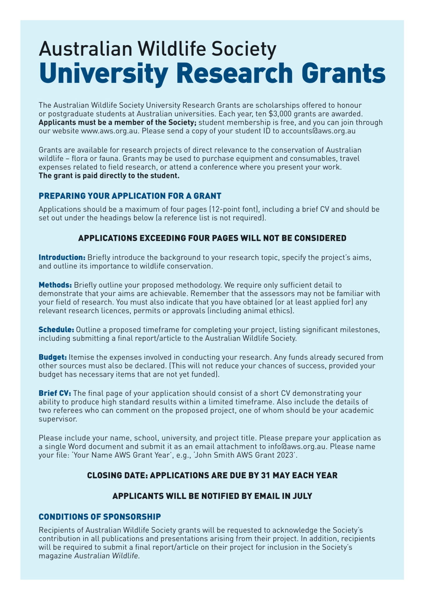 University Grants | Australian Wildlife Society University Grants | Australian Wildlife Society